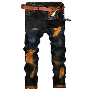 MEN'S DISTRESSED RIPPED BIKER SLIM JEANS